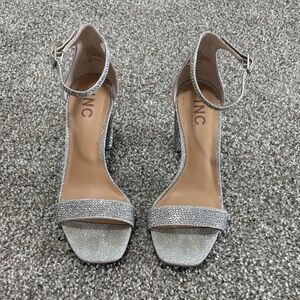 INC International Concepts Silver Glitter Ankle-Strap Block Heel Sandals